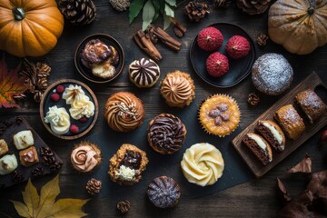 Fototapeta premium Charming autumn delicacies showcase. Aerial perspective of a variety of seasonal fine sweets beautifully set on a weathered tabletop. Deep wood background provides plenty of area for your writing
