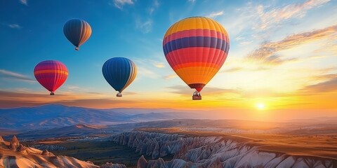 Obraz premium Colorful hot air balloons soar over a stunning desert landscape at sunset. created by ai