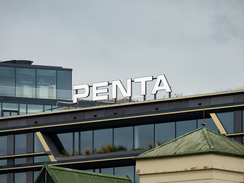 PRAGUE, CZECHIA - 3. October 2024: Penta Real Estate logo sign on a modern building exterior. Company for residential and commercial projects in Europe. Business in Czech Republic.