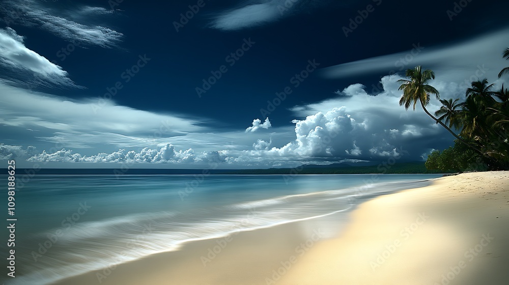 Poster exotic tropical beach at dusk with peaceful waves and palm trees : generative ai