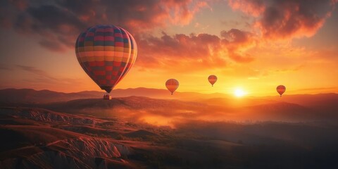 Obraz premium Colorful hot air balloons soar over a stunning desert landscape at sunset. created by ai