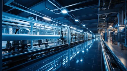 A large industrial building with a blue and white color scheme