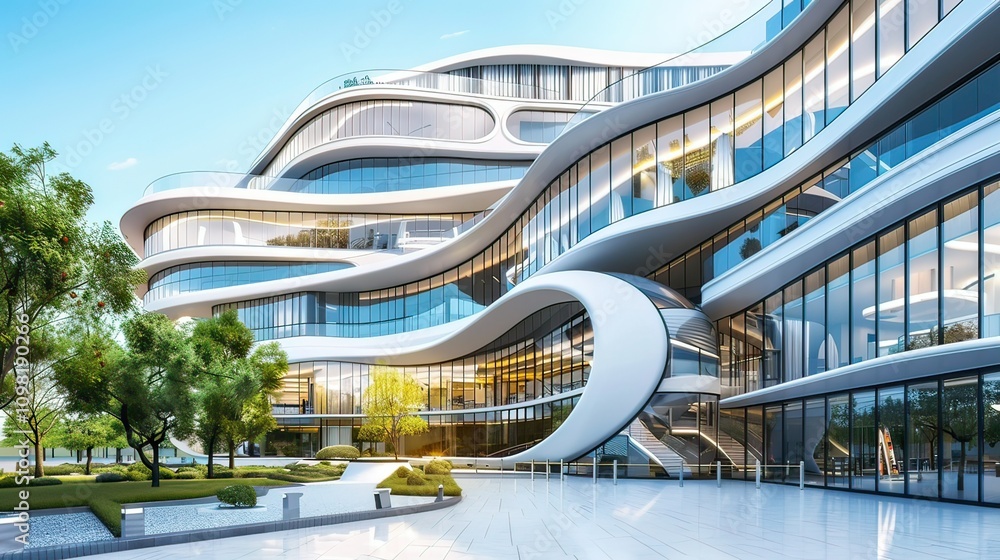 Poster a futuristic building with curved glass panels and open spaces.