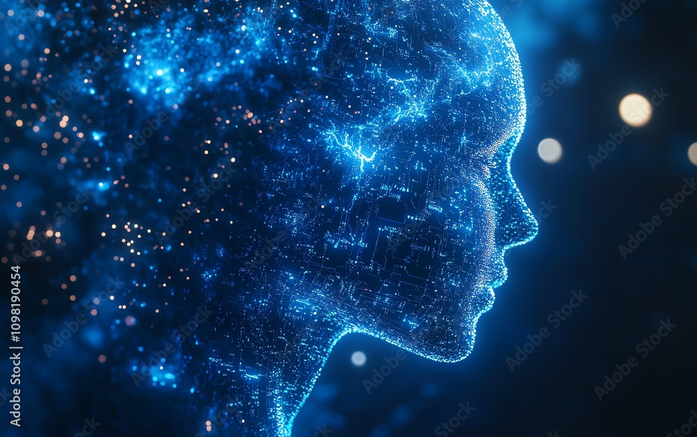 Poster abstract artificial intelligence with a human head formed by data and electronic circuits, glowing b