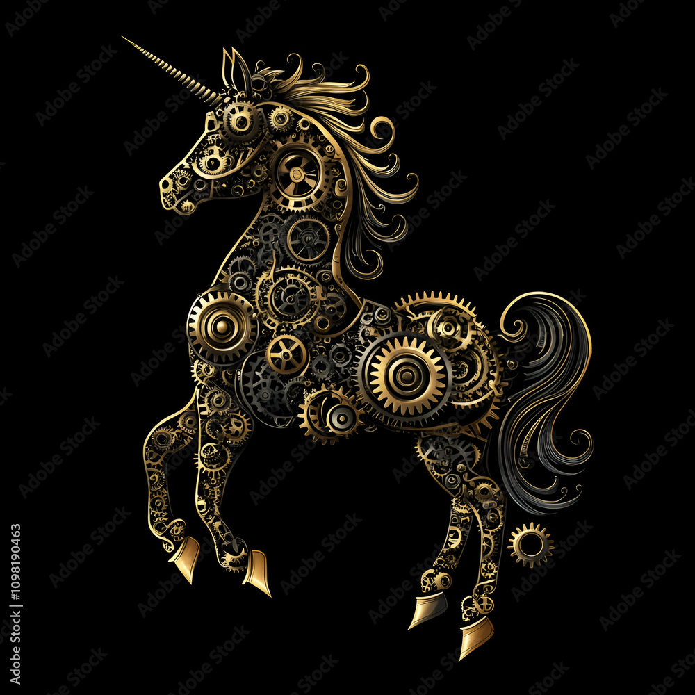 Poster mechanical unicorn action fantasy realm digital art intricate design surreal environment gear-driven