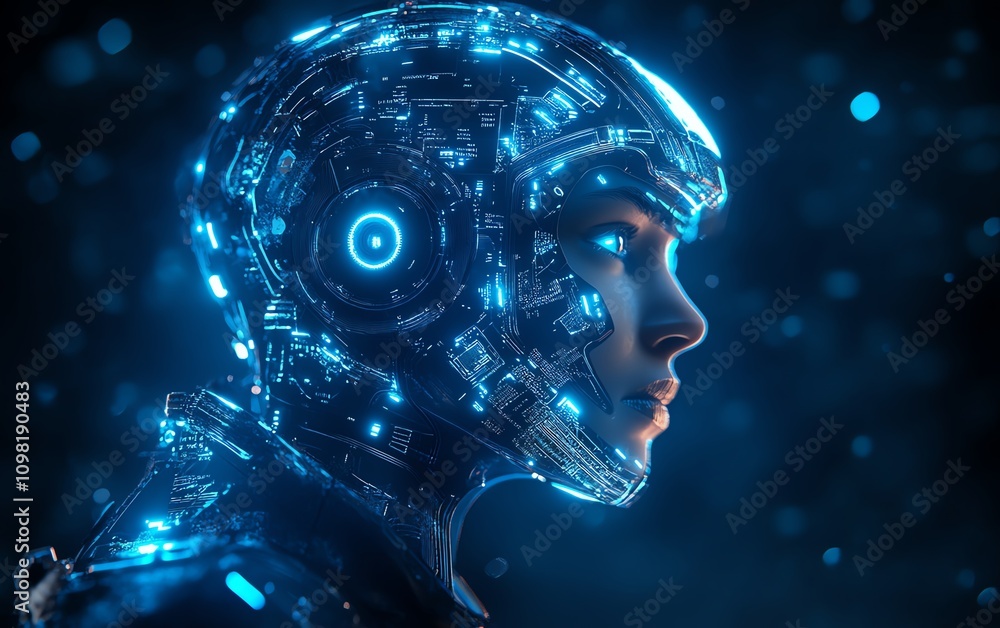 Poster abstract artificial intelligence with a human head formed by data and electronic circuits, glowing b