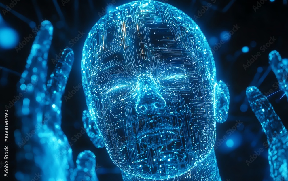 Poster abstract artificial intelligence with a human head formed by data and electronic circuits, glowing b