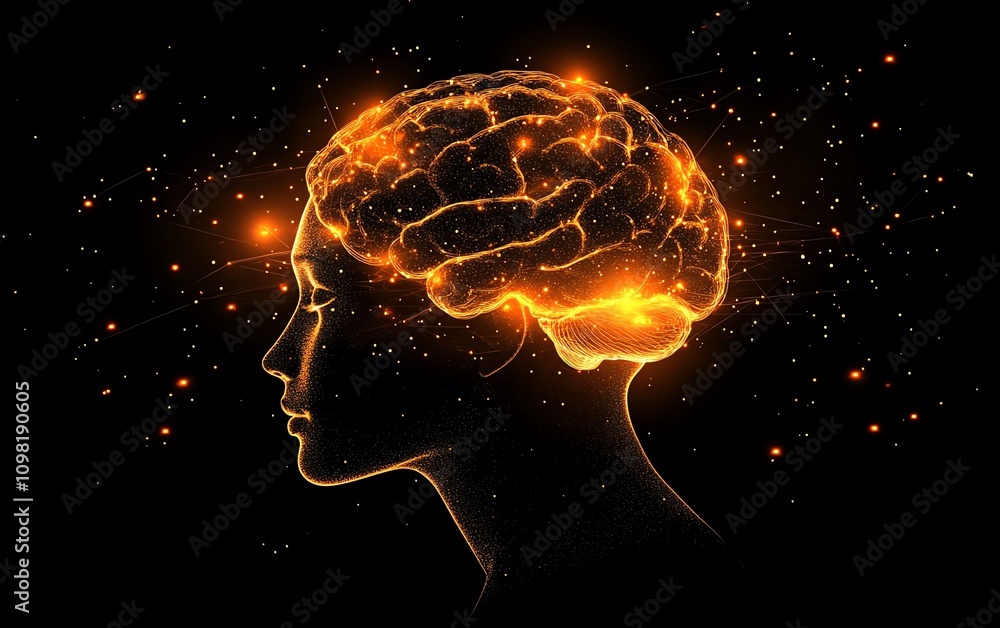 Poster abstract depiction of a human head with glowing brain and neural network, dark background, concept o