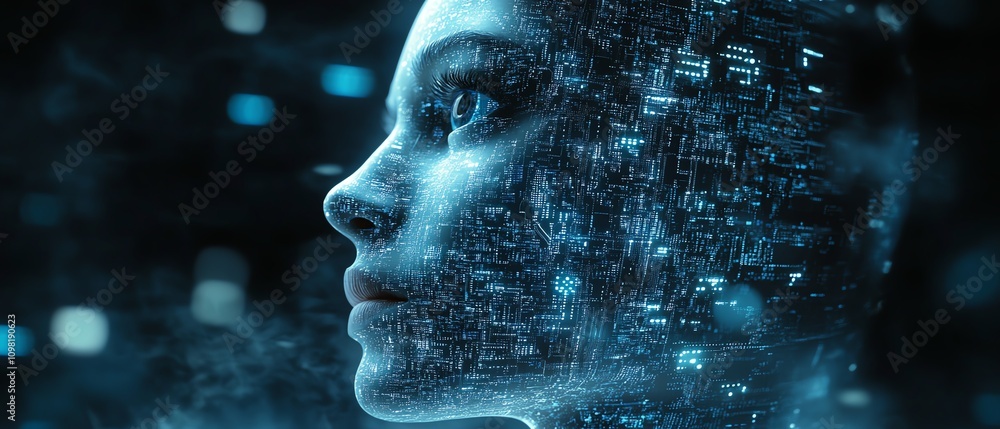 Poster abstract depiction of artificial intelligence with a human head composed of data and circuits, glowi
