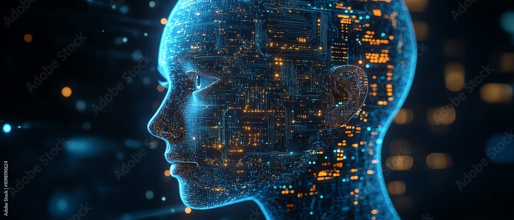 Poster abstract depiction of artificial intelligence with a human head composed of data and circuits, glowi