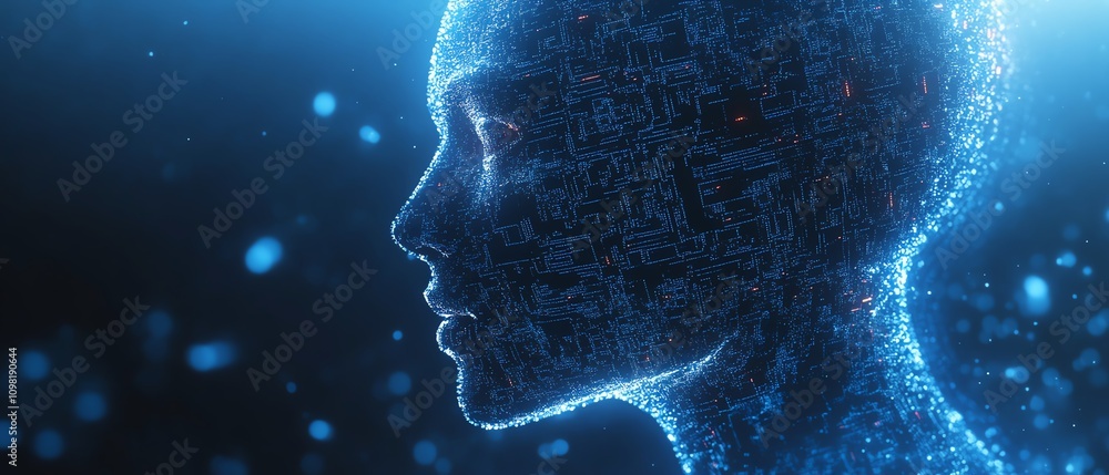 Poster abstract depiction of artificial intelligence with a human head composed of data and circuits, glowi
