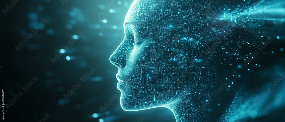 Poster abstract depiction of artificial intelligence with a human head composed of data and circuits, glowi