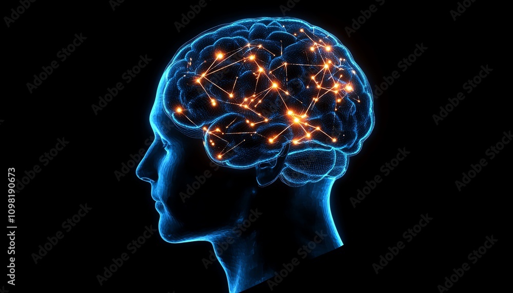 Aufkleber abstract human head with intricate neural network and glowing brain, dark background, concept of ai 