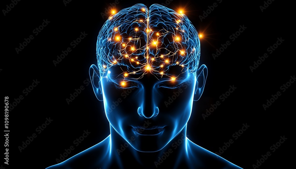 Poster abstract human head with intricate neural network and glowing brain, dark background, concept of ai 