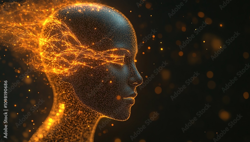 Poster abstract human head with intricate neural network and glowing brain, dark background, concept of ai 