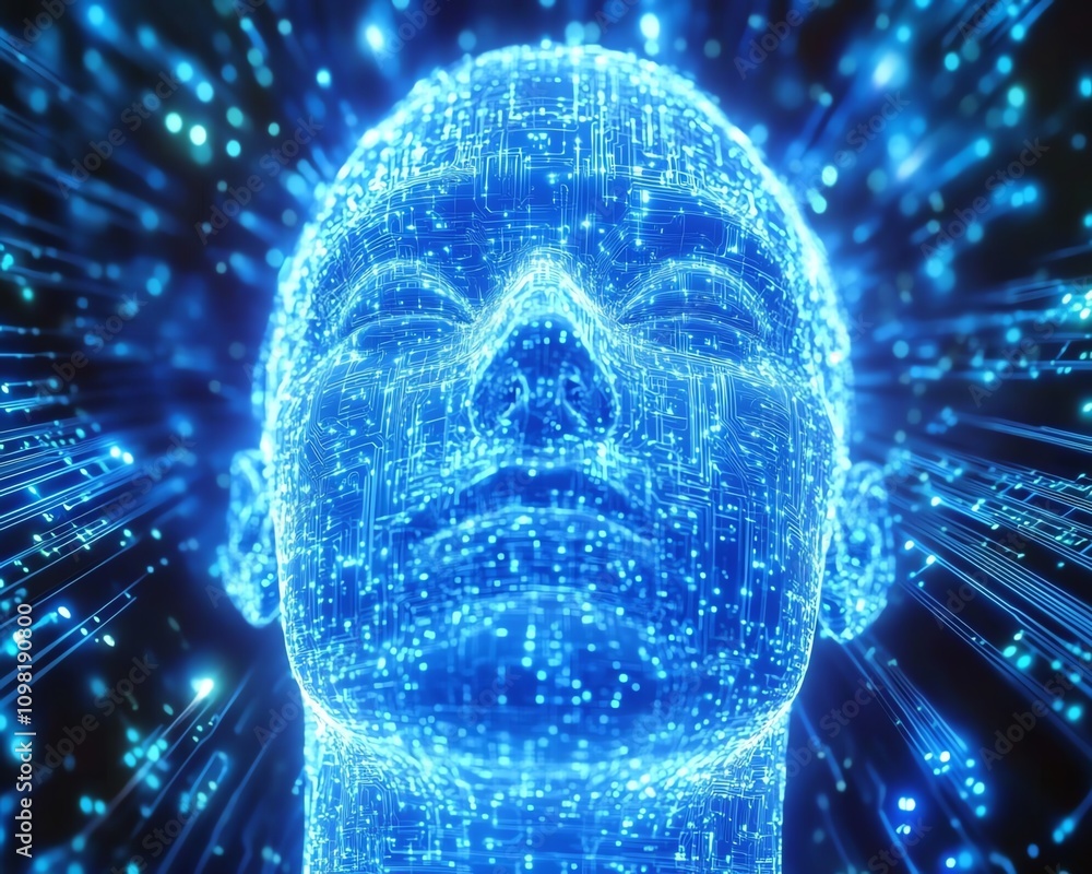 Poster abstract image of a human head made of circuits and data, representing ai, glowing blue background, 