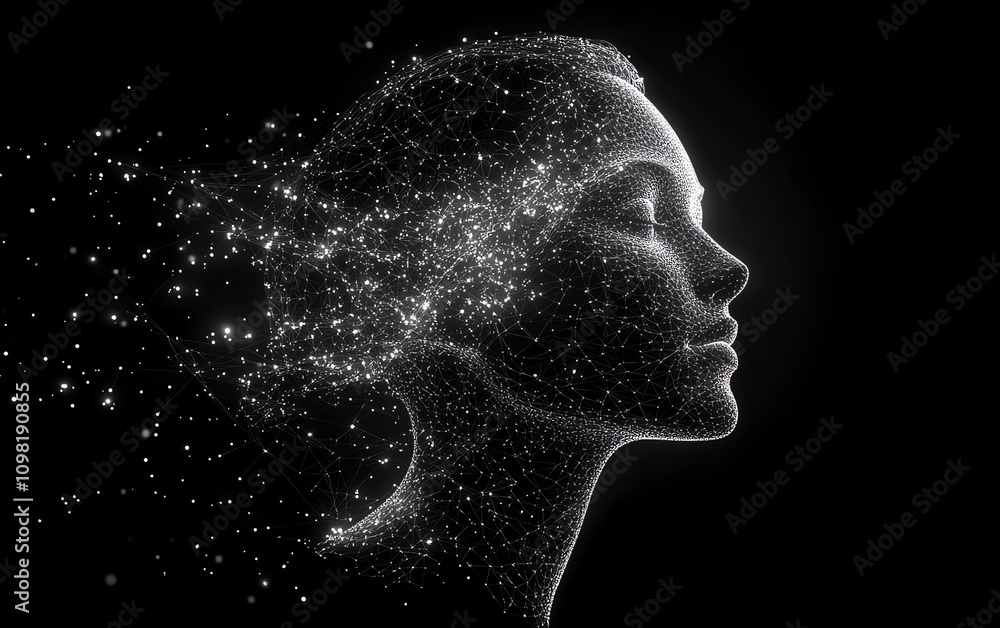 Poster abstract human head with neural network and glowing brain on a dark background, symbolizing artifici