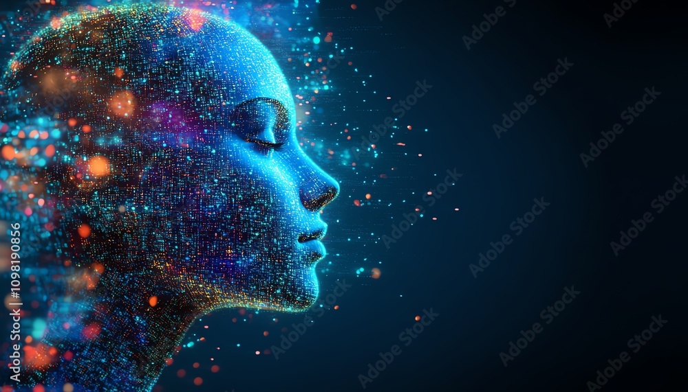 Poster abstract representation of artificial intelligence, human head constructed from data and circuits, g