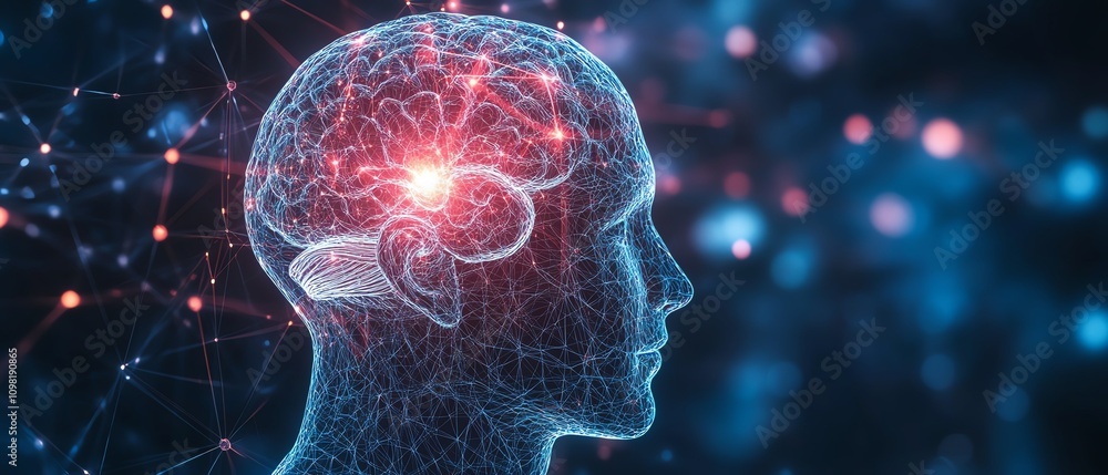 Poster abstract human head with neural connections and a glowing brain on a dark background, symbolizing th