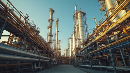  High-angle view of intersecting pipes at chemical plant, flanked by towering storage tanks and control platforms, emphasizing industrial precision and complexity.