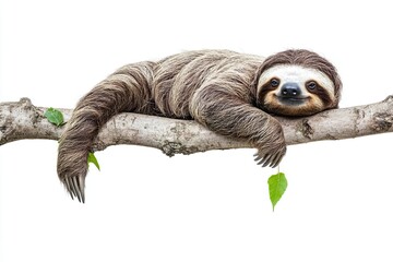 Fototapeta premium Sloth, animal on white background, isolated, funny animal hanging on a tree branch and scratching its belly.