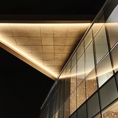 Obraz premium Modern architecture detail at night. Geometric lines, glass facade, and warm LED lighting create a striking contrast against the dark sky.
