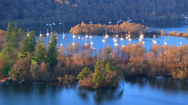 Autumnal aerial video of Wendemire lake in Cumbria - United Kingdom. 