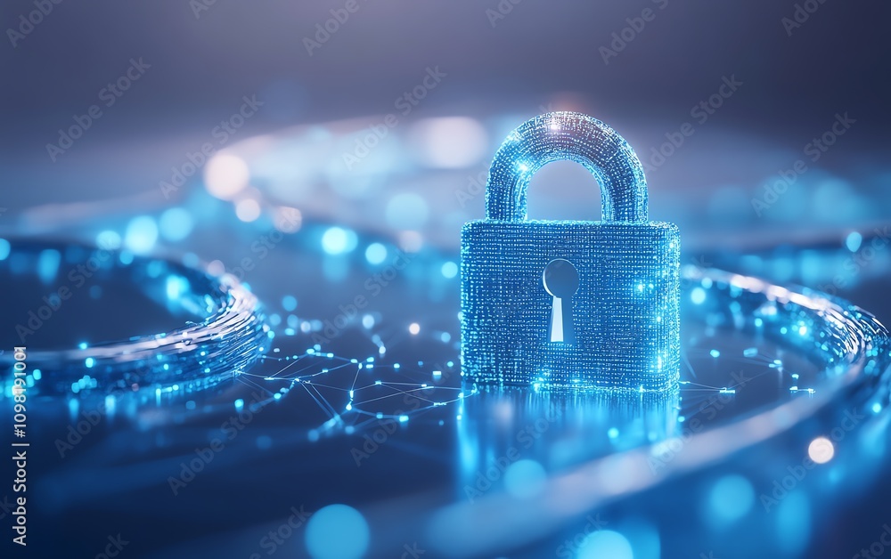 Aufkleber cybersecurity concept with a digital padlock hologram, data elements floating, blue network lines on