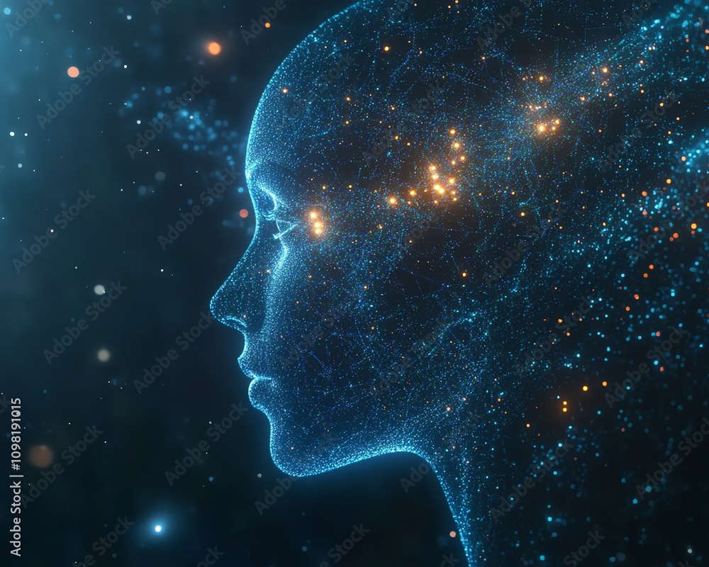 Poster artificial intelligence represented by a human head composed of digital data and circuits, glowing b