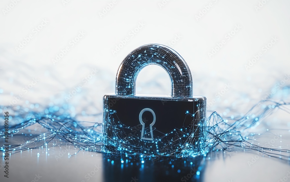 Aufkleber cybersecurity concept with a digital padlock hologram, data elements floating, blue network lines on