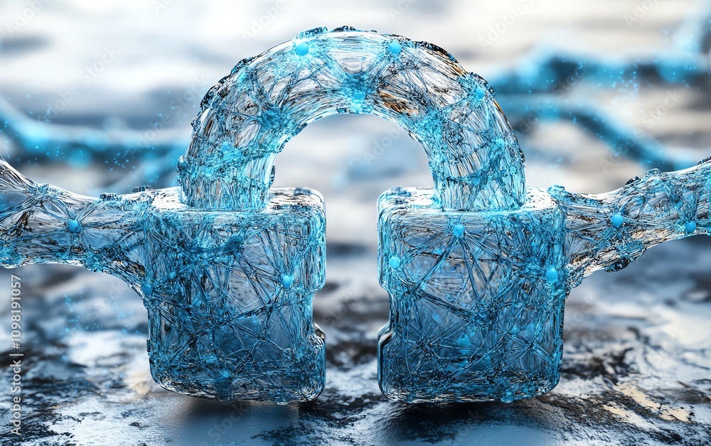 Aufkleber cybersecurity concept with a digital padlock hologram, data elements floating, blue network lines on