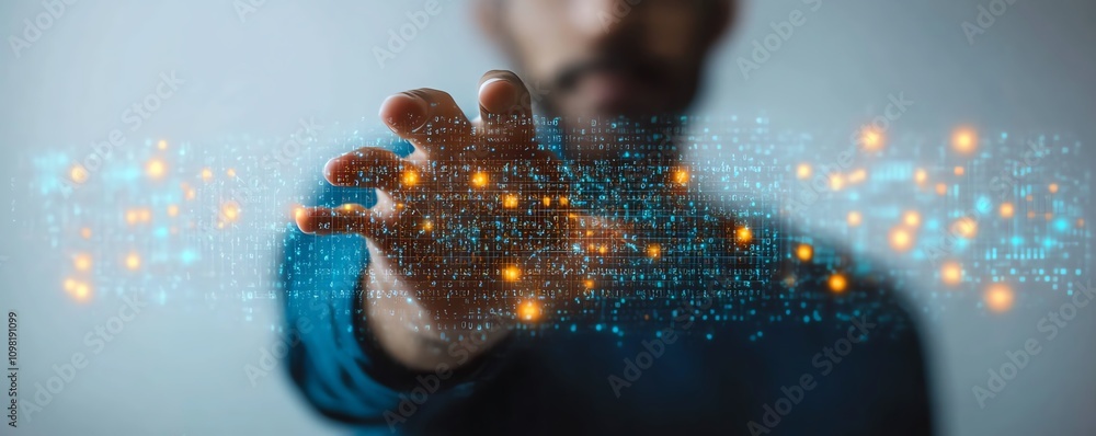Poster digital data visualization held by a man in a blue shirt, with binary code and network connections, 