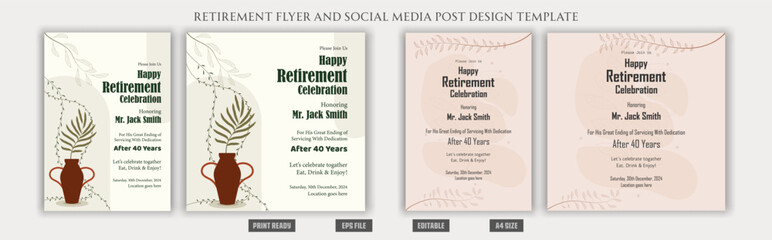 Retirement flyer. happy retirement flyer. retirement poster. retirement brochure. boho style bohemian flyer. social media post design. a4 layout squire eps print ready bundles clean natural fresh file