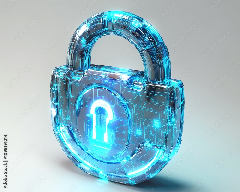 Poster digital padlock hologram with dynamic data elements and blue network lines on a white background, sh
