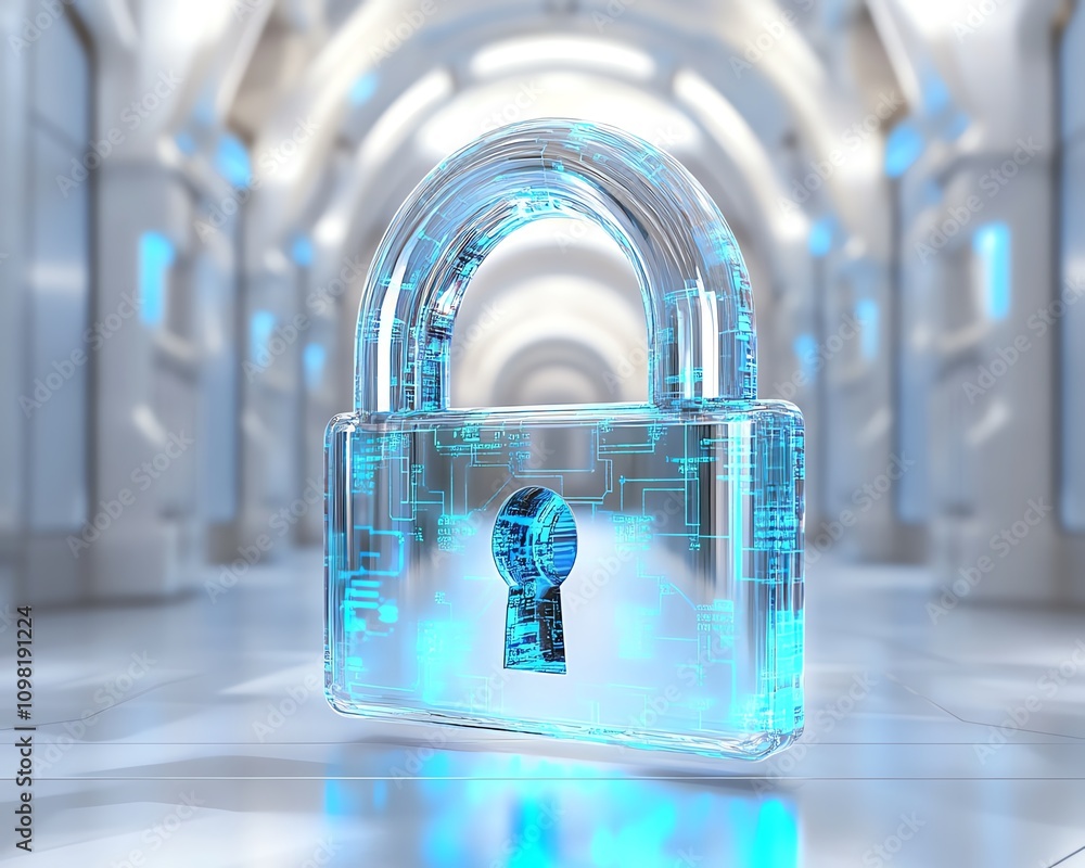 Poster digital padlock hologram with dynamic data elements and blue network lines on a white background, sh