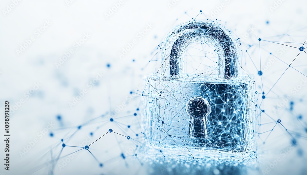 Aufkleber digital padlock hologram with data elements on a white background, blue network lines, modern cybers