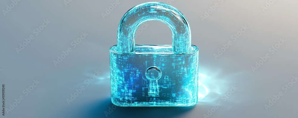 Poster digital padlock hologram with data elements and blue network lines on a white background, symbolizin