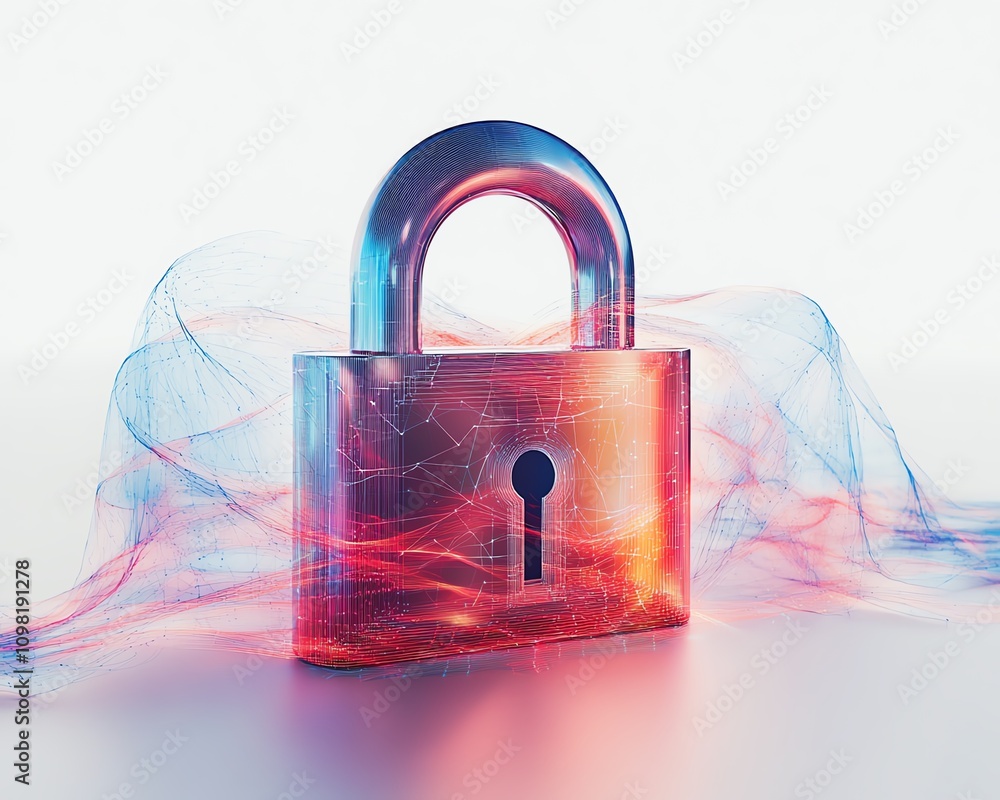 Poster digital padlock hologram with dynamic data elements and blue network lines on a white background, sh