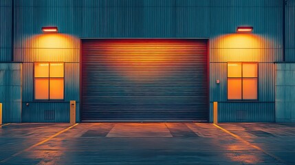  Illuminated industrial garage door with orange lights creating a warm glow, emphasizing urban design and evening functionality.