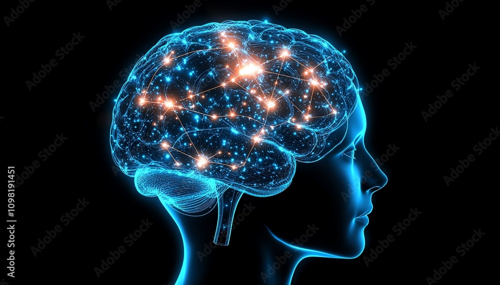 Poster glowing brain within a neural network inside a human head, dark background, illustrating artificial 