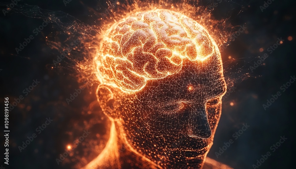 Aufkleber glowing brain within a neural network inside a human head, dark background, illustrating artificial 