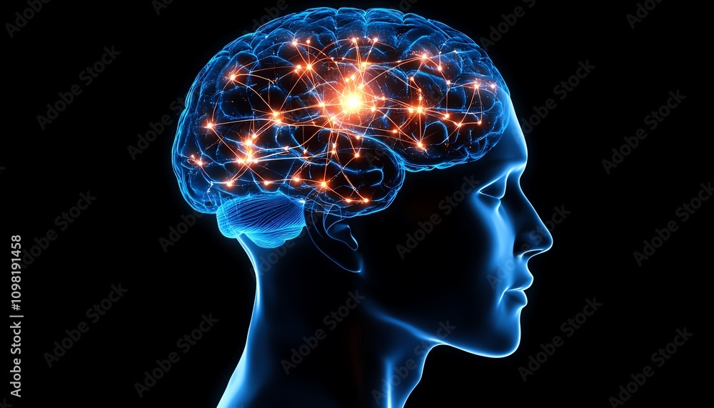 Aufkleber glowing brain within a neural network inside a human head, dark background, illustrating artificial 
