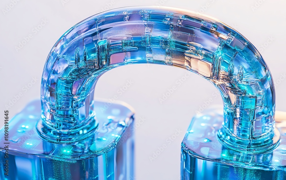 Poster holographic digital padlock with data elements, blue network lines, and white background, representi