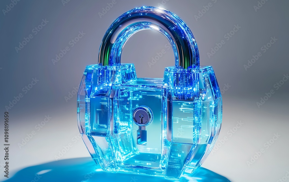 Poster holographic digital padlock with data elements, blue network lines, and white background, representi