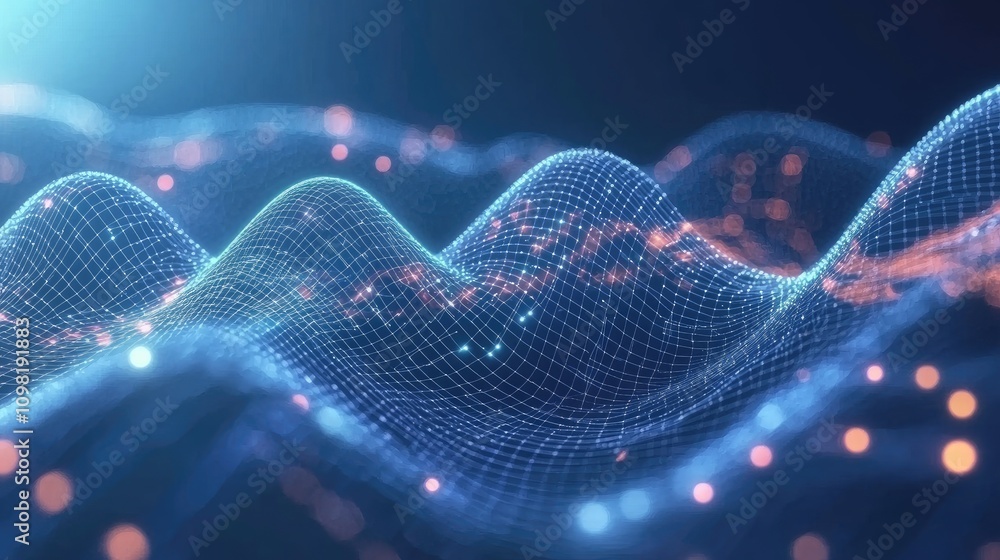 Poster abstract cyber wave with glowing dots and lines in a high-tech blue tone, symbolizing data and conne