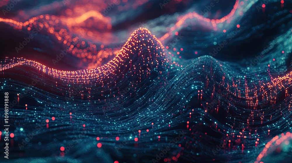 Poster abstract cyber wave with glowing dots and lines in a high-tech blue tone, symbolizing data and conne