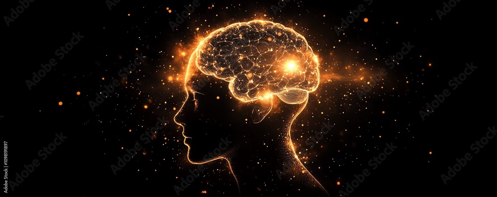 Poster human head with neural network and glowing brain, dark background, representing ai, machine learning