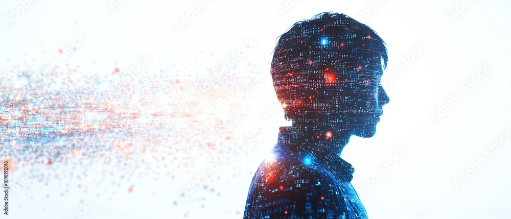 Poster man in a blue shirt displaying a holographic digital data visualization with binary code and network