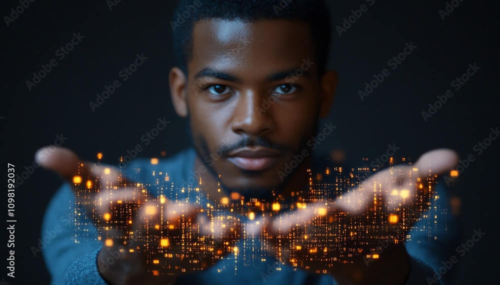 Poster man in a blue shirt holding a glowing digital data visualization with binary code and network connec