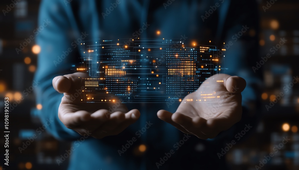 Poster man in a blue shirt holding a glowing digital data visualization with binary code and network connec